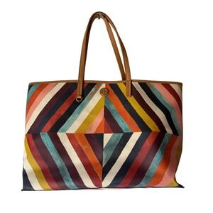Tory Burch Kerrington Square Tote Multi Color Diamond Stripe Coated Canvas Bag